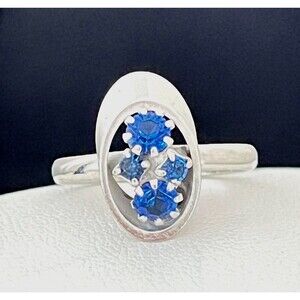 Vintage 1960s Cocktail Ring Mid Century Modern Blue Rhinestone Sculptural - 4I